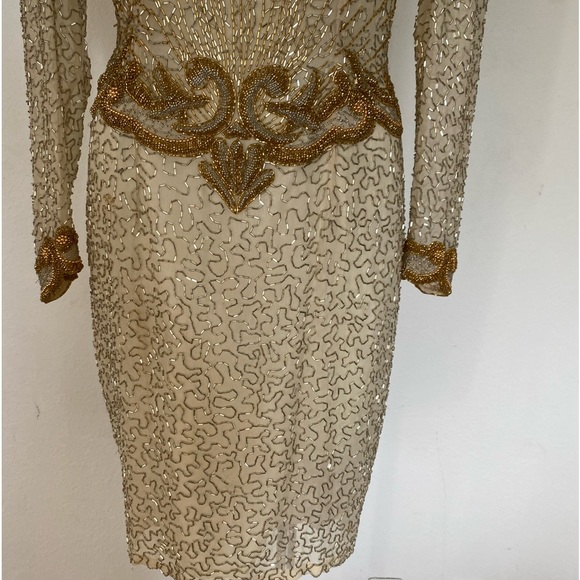 Vintage sequin dress, gold beaded dress OLEG CASSINI dress, white beaded dress - Picture 4 of 4